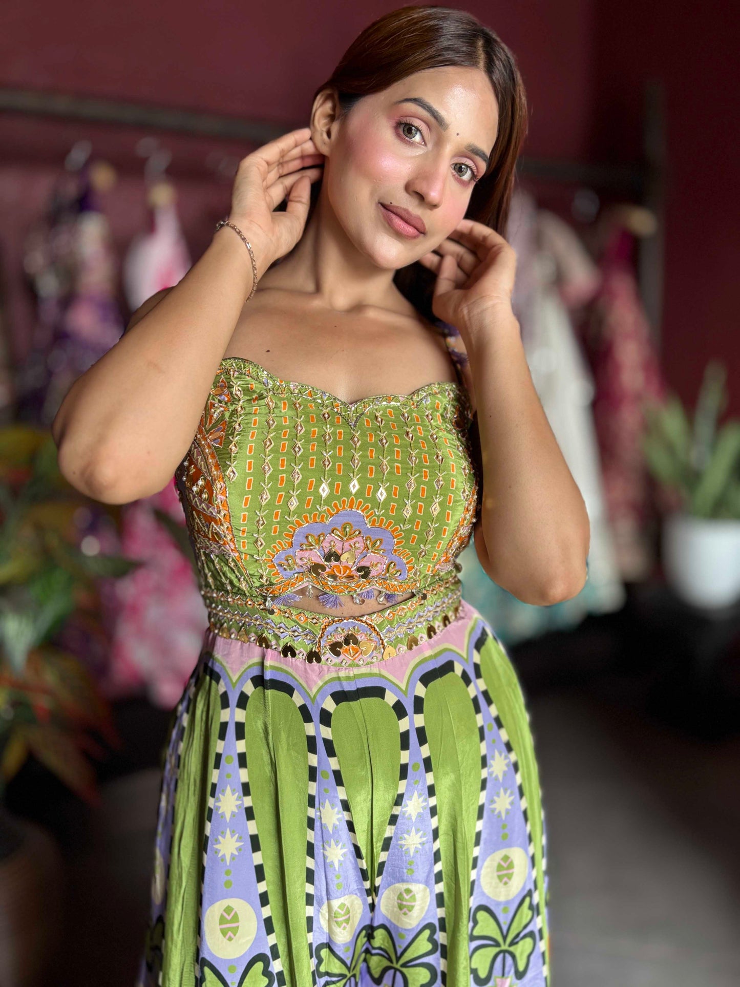Olive Green Multicolor Printed Embellished Wide-Leg Jumpsuit