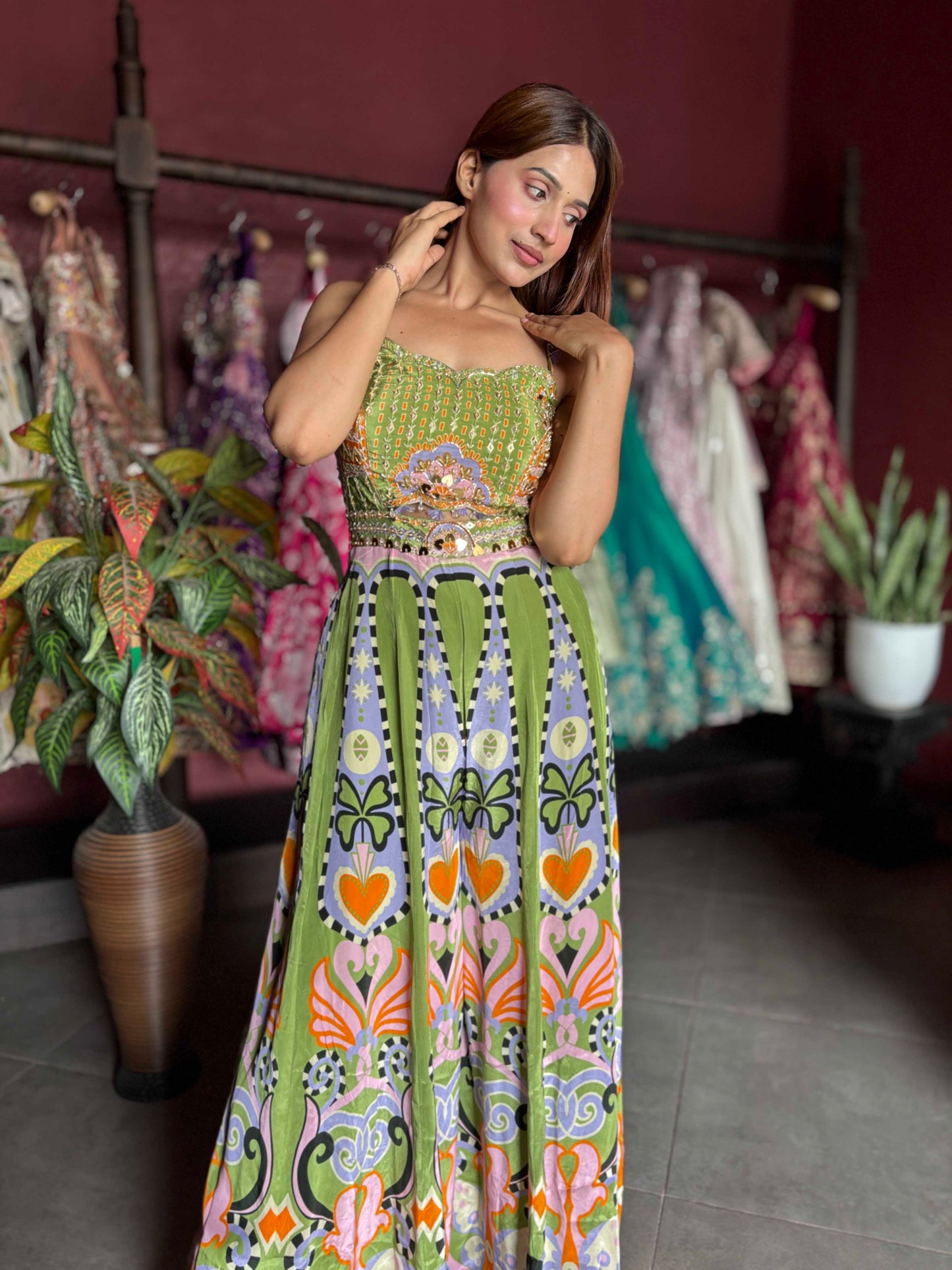 Olive Green Multicolor Printed Embellished Wide-Leg Jumpsuit