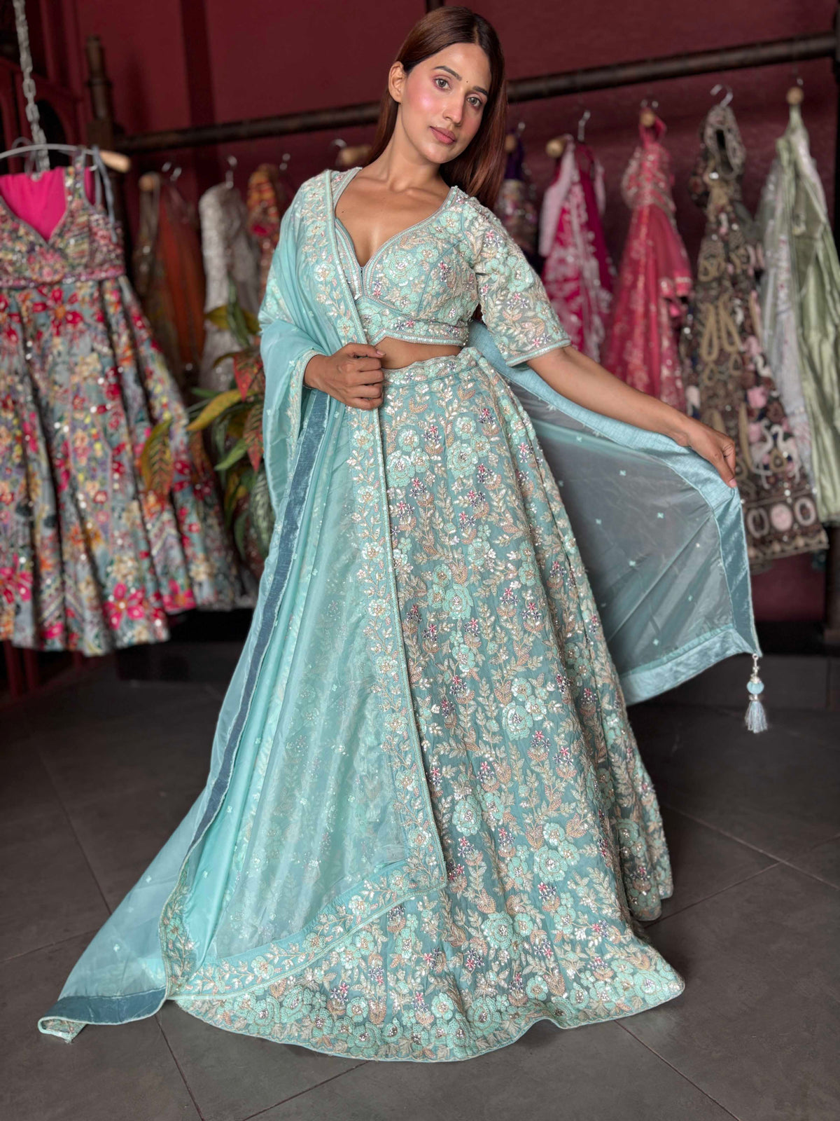 Designer Lehenga with Sequins Zari & American Diamond Work