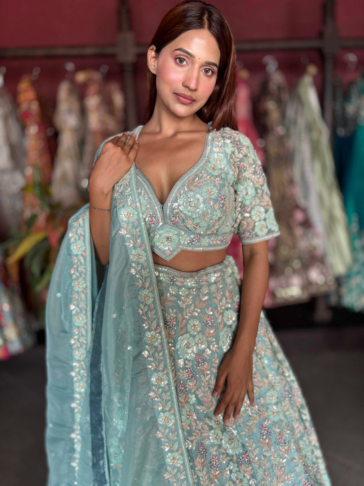 Designer Lehenga with Sequins Zari & American Diamond Work