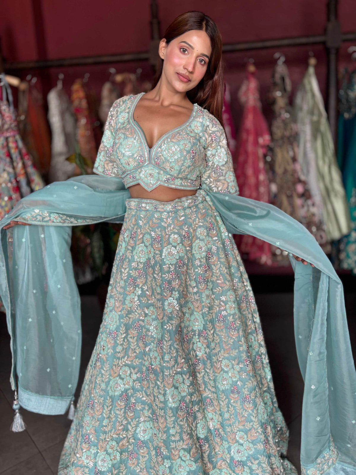Designer Lehenga with Sequins Zari & American Diamond Work