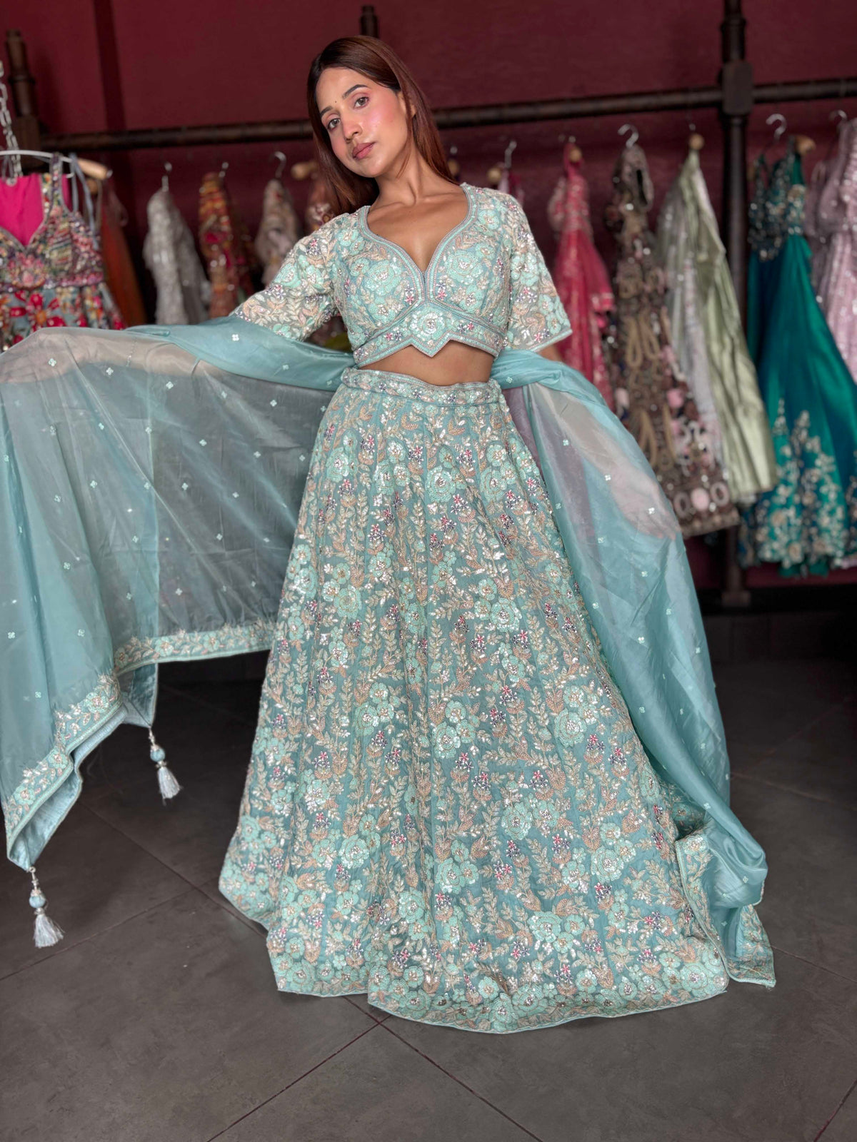 Designer Lehenga with Sequins Zari & American Diamond Work