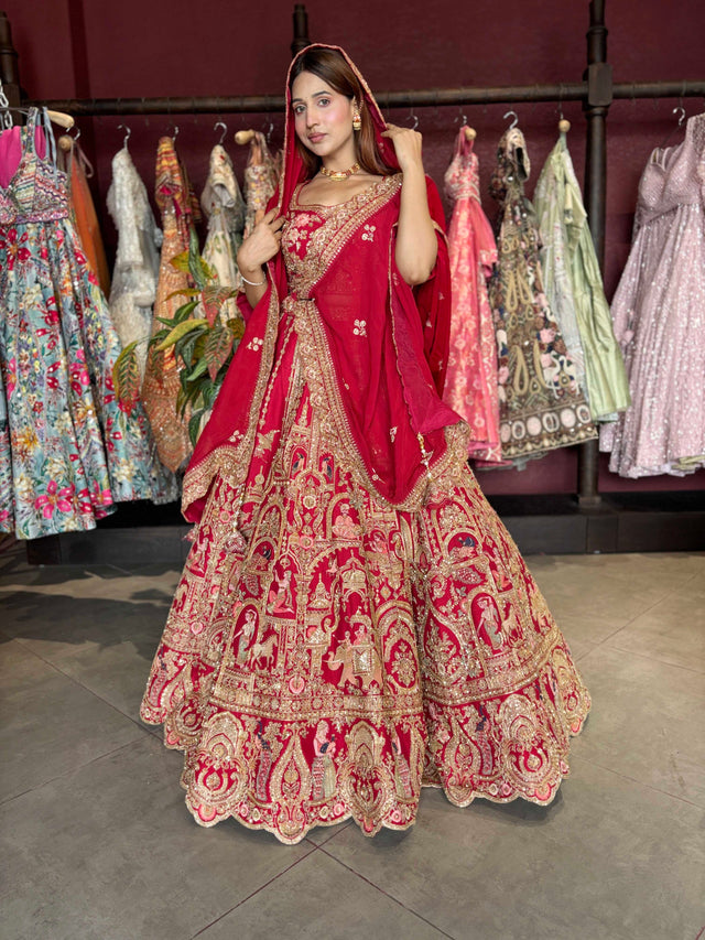 Red Traditional Wedding Lehenga Choli with Heavy Gold Embroidery
