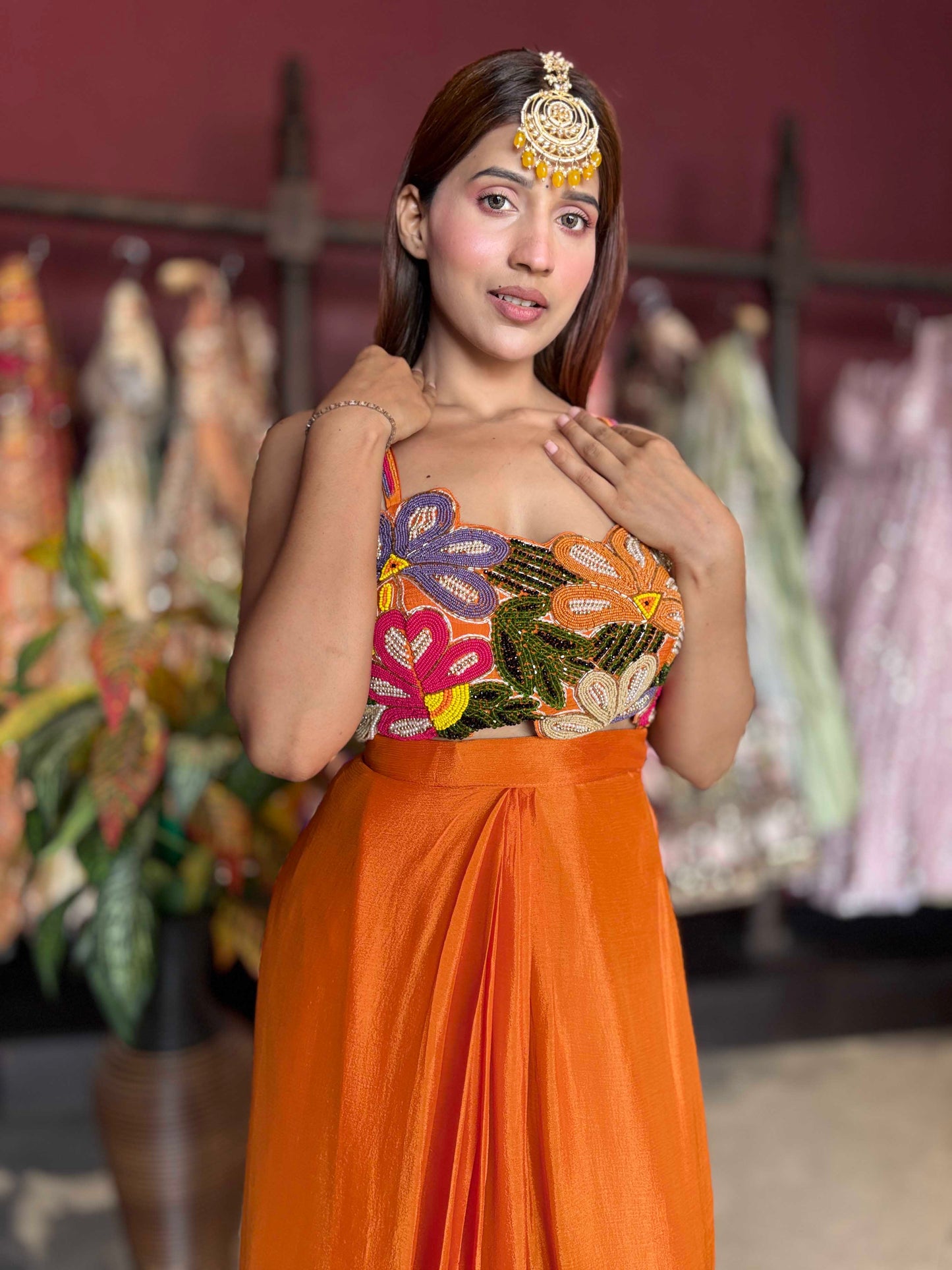 Draped Palazzo Set with Multicolor Floral Embellished Blouse & Cape