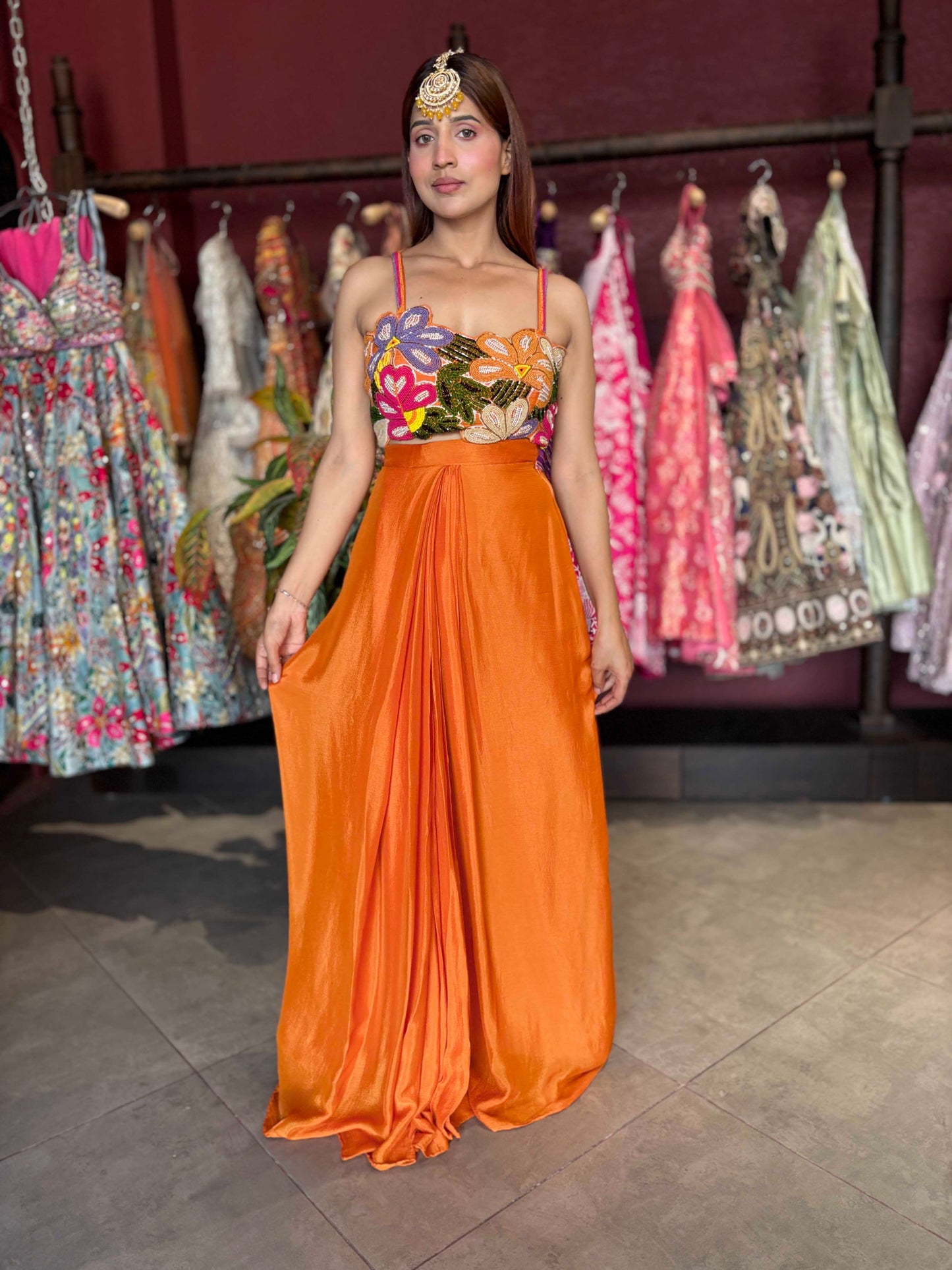 Draped Palazzo Set with Multicolor Floral Embellished Blouse & Cape