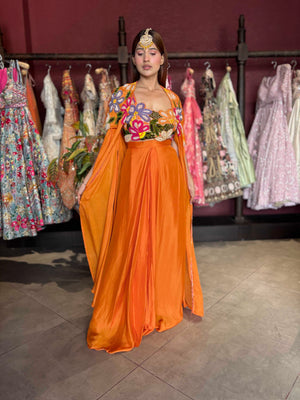 Draped Palazzo Set with Multicolor Floral Embellished Blouse & Cape
