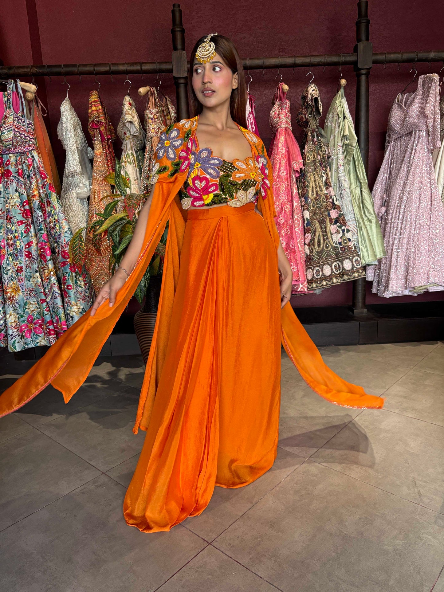 Draped Palazzo Set with Multicolor Floral Embellished Blouse & Cape