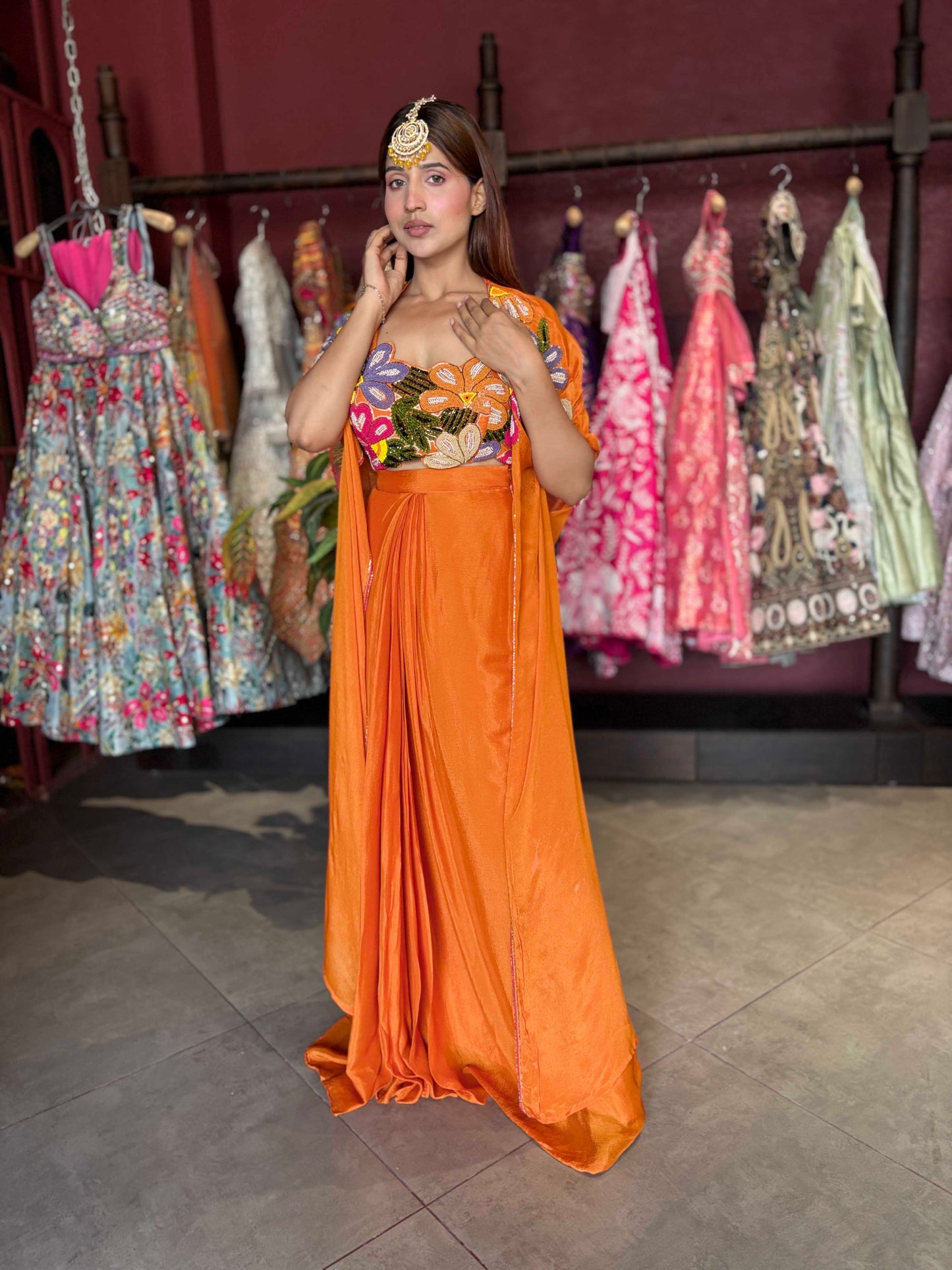 Draped Palazzo Set with Multicolor Floral Embellished Blouse & Cape