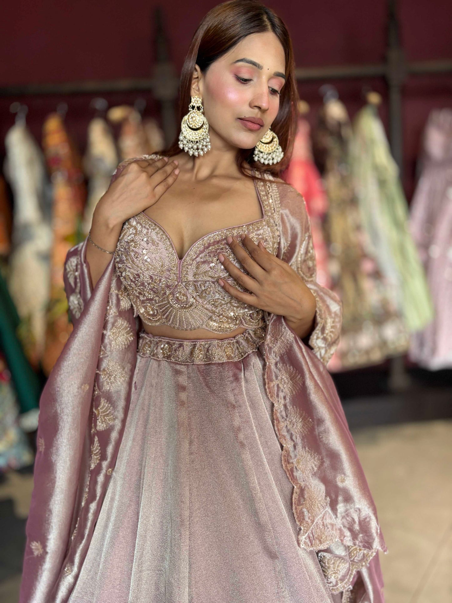 Designer Dusty Rose Embroidered Lehenga Choli with Matching Dupatta