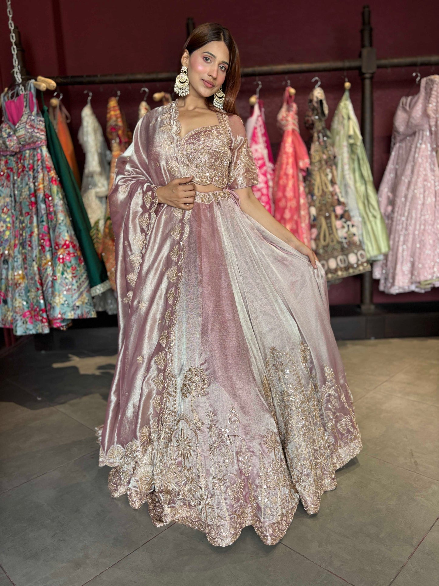 Designer Dusty Rose Embroidered Lehenga Choli with Matching Dupatta