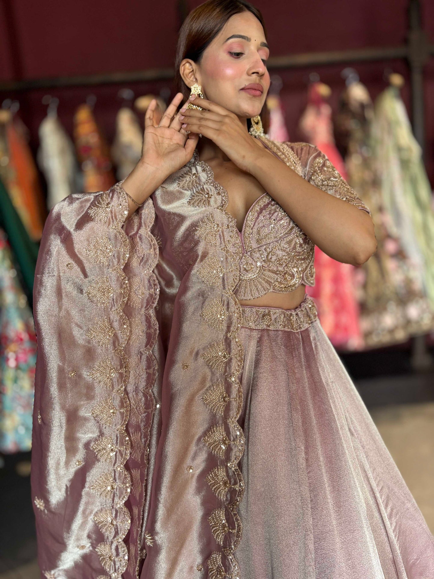 Designer Dusty Rose Embroidered Lehenga Choli with Matching Dupatta