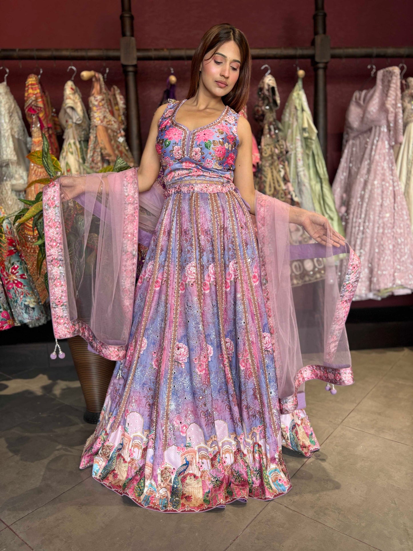 Lavender Floral Printed Lehenga Choli with Embellished Net Dupatta