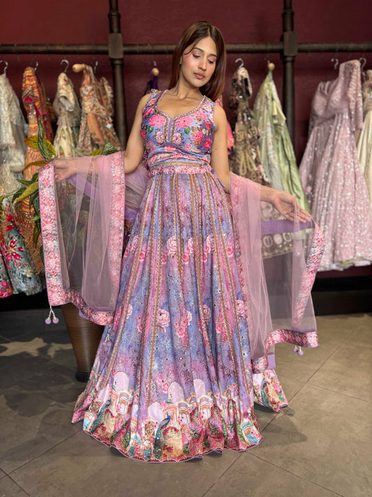 Lavender Floral Printed Lehenga Choli with Embellished Net Dupatta