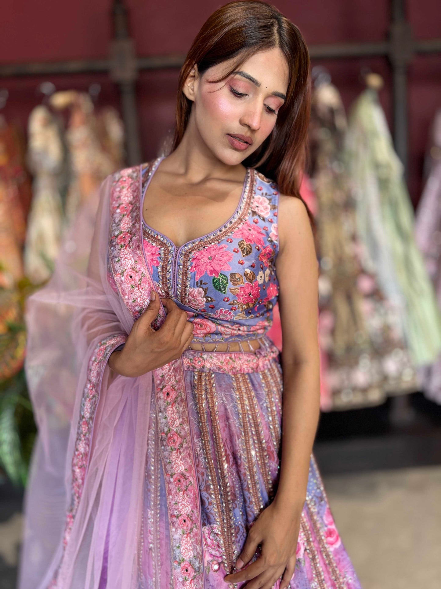 Lavender Floral Printed Lehenga Choli with Embellished Net Dupatta
