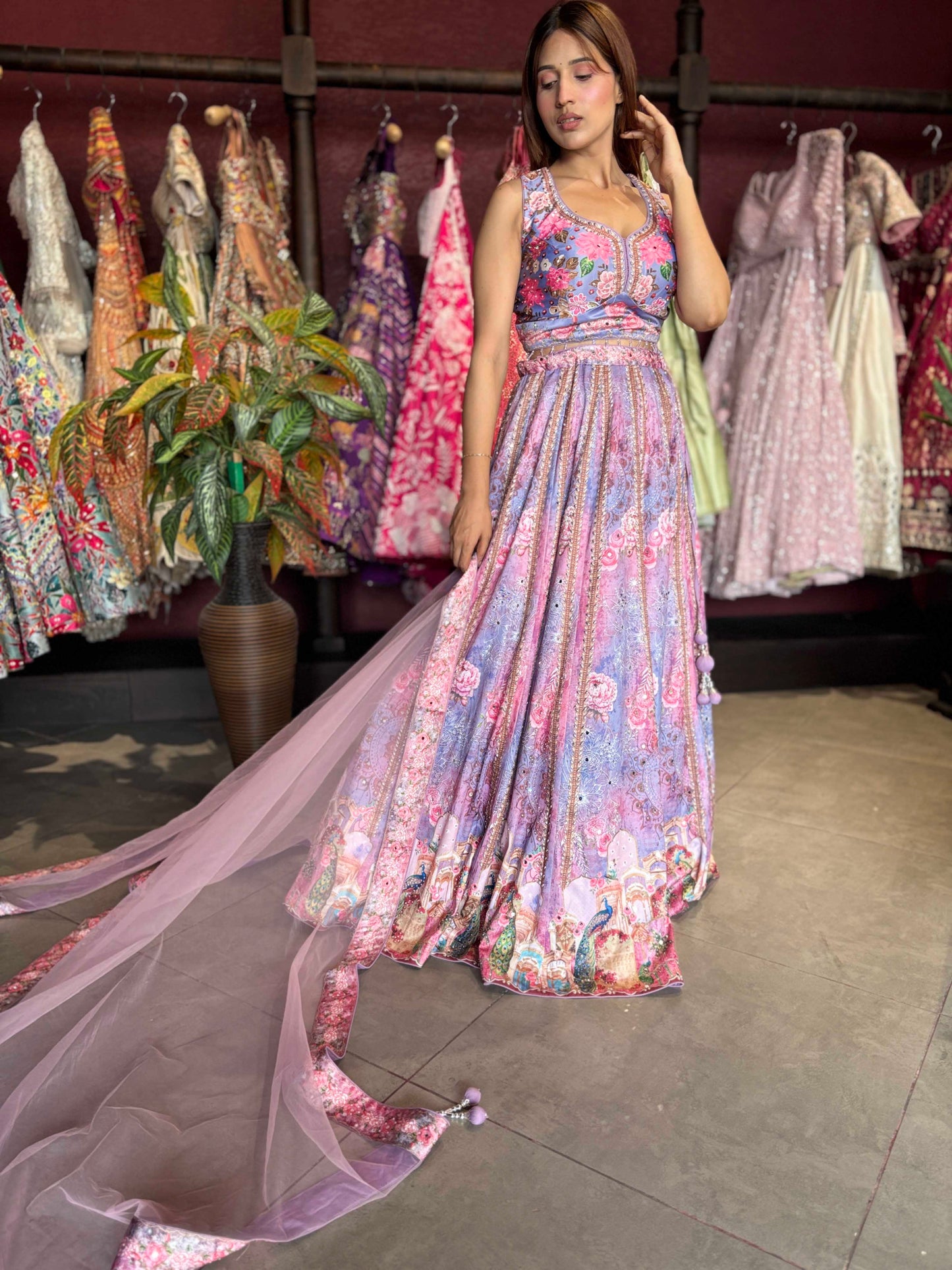 Lavender Floral Printed Lehenga Choli with Embellished Net Dupatta