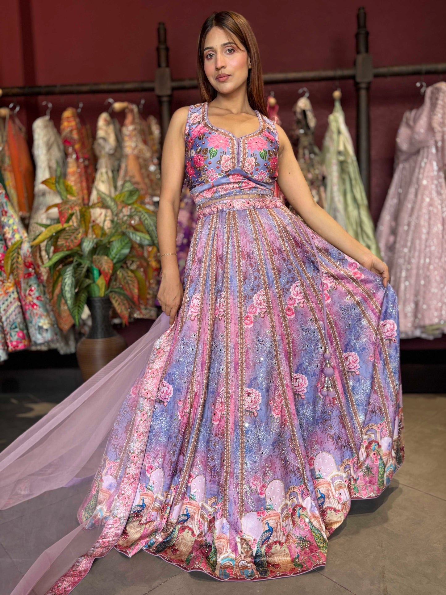 Lavender Floral Printed Lehenga Choli with Embellished Net Dupatta