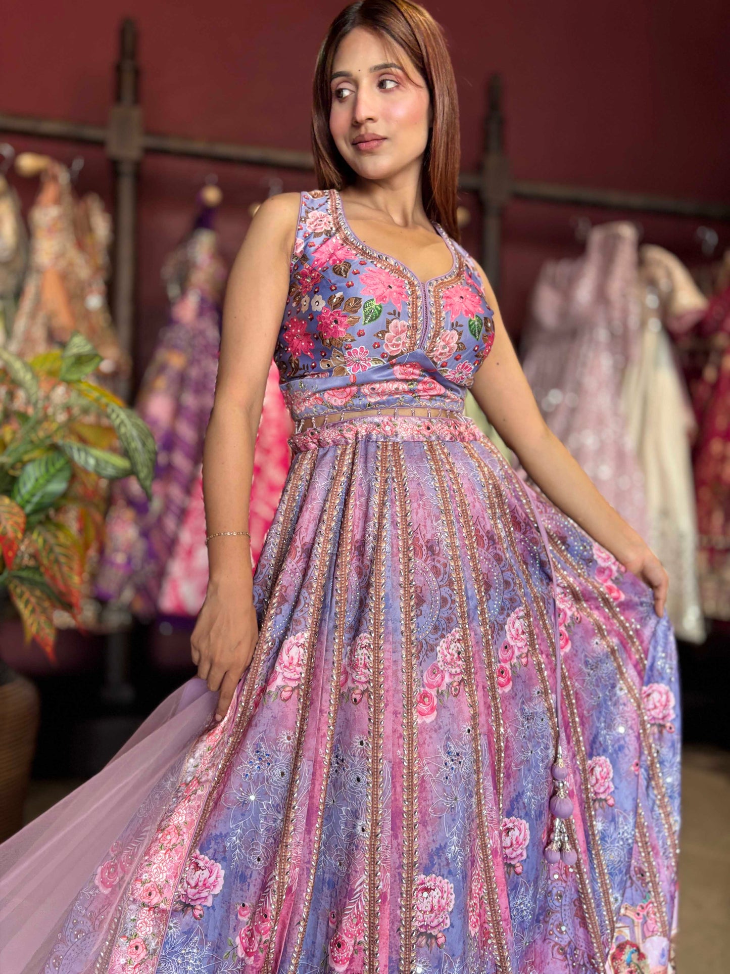 Lavender Floral Printed Lehenga Choli with Embellished Net Dupatta
