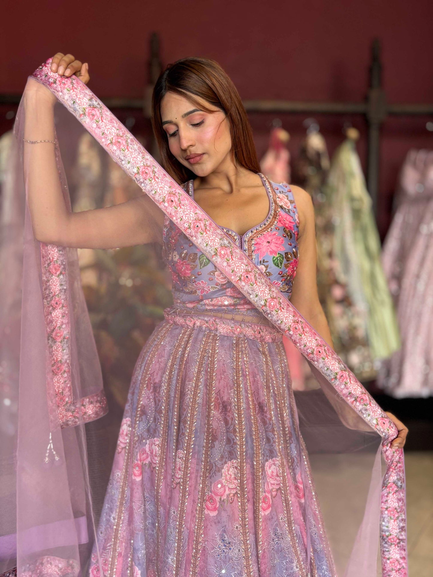 Lavender Floral Printed Lehenga Choli with Embellished Net Dupatta