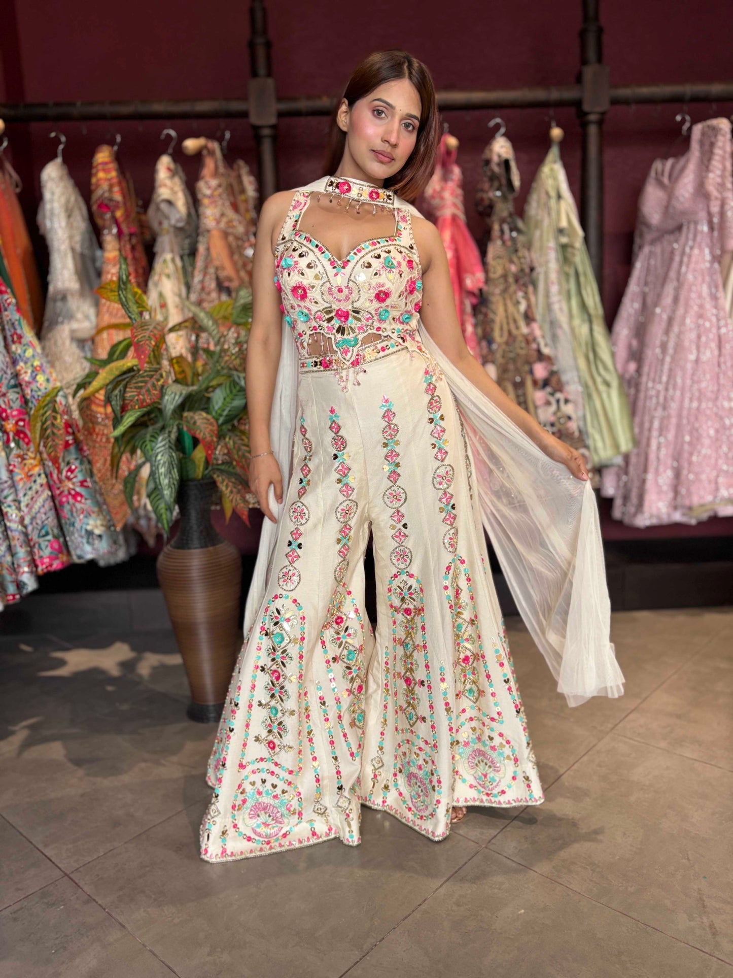 Ivory Multicolor Embroidered Wide-Leg Jumpsuit with Sheer Cape