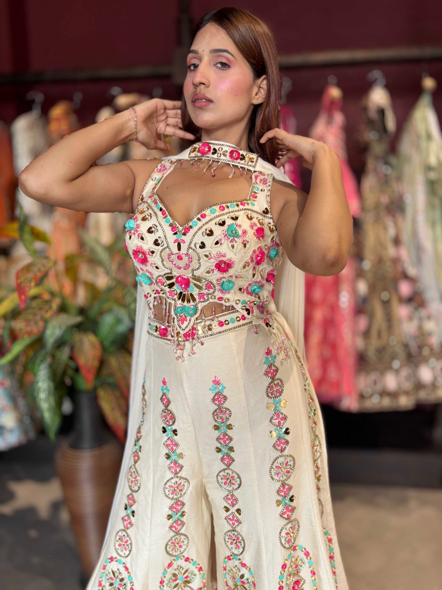 Ivory Multicolor Embroidered Wide-Leg Jumpsuit with Sheer Cape