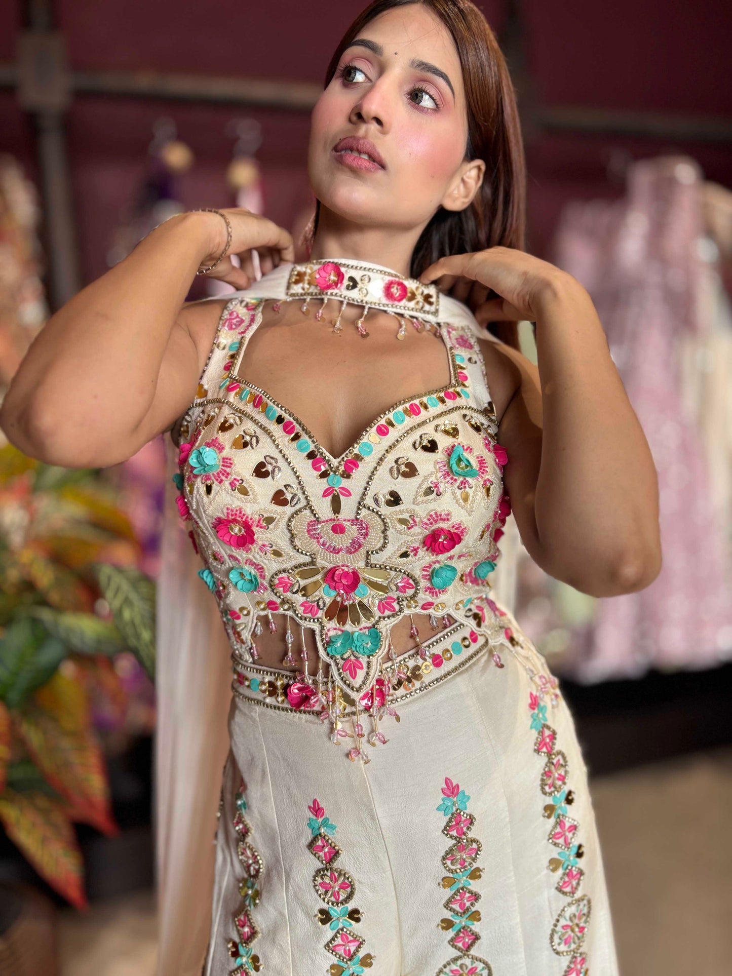 Ivory Multicolor Embroidered Wide-Leg Jumpsuit with Sheer Cape
