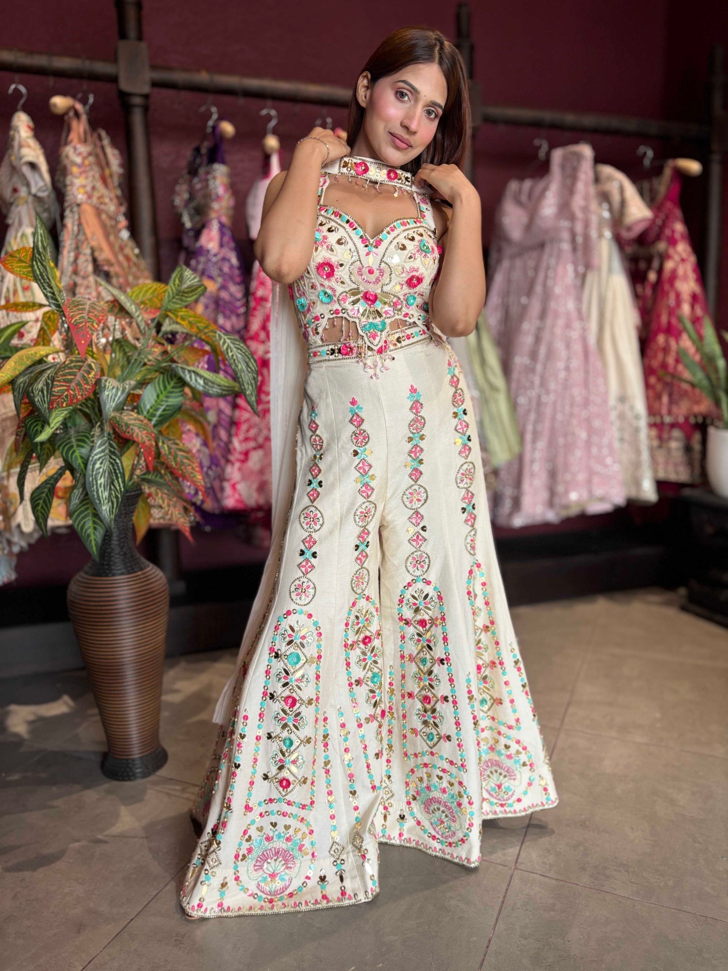 Ivory Multicolor Embroidered Wide-Leg Jumpsuit with Sheer Cape