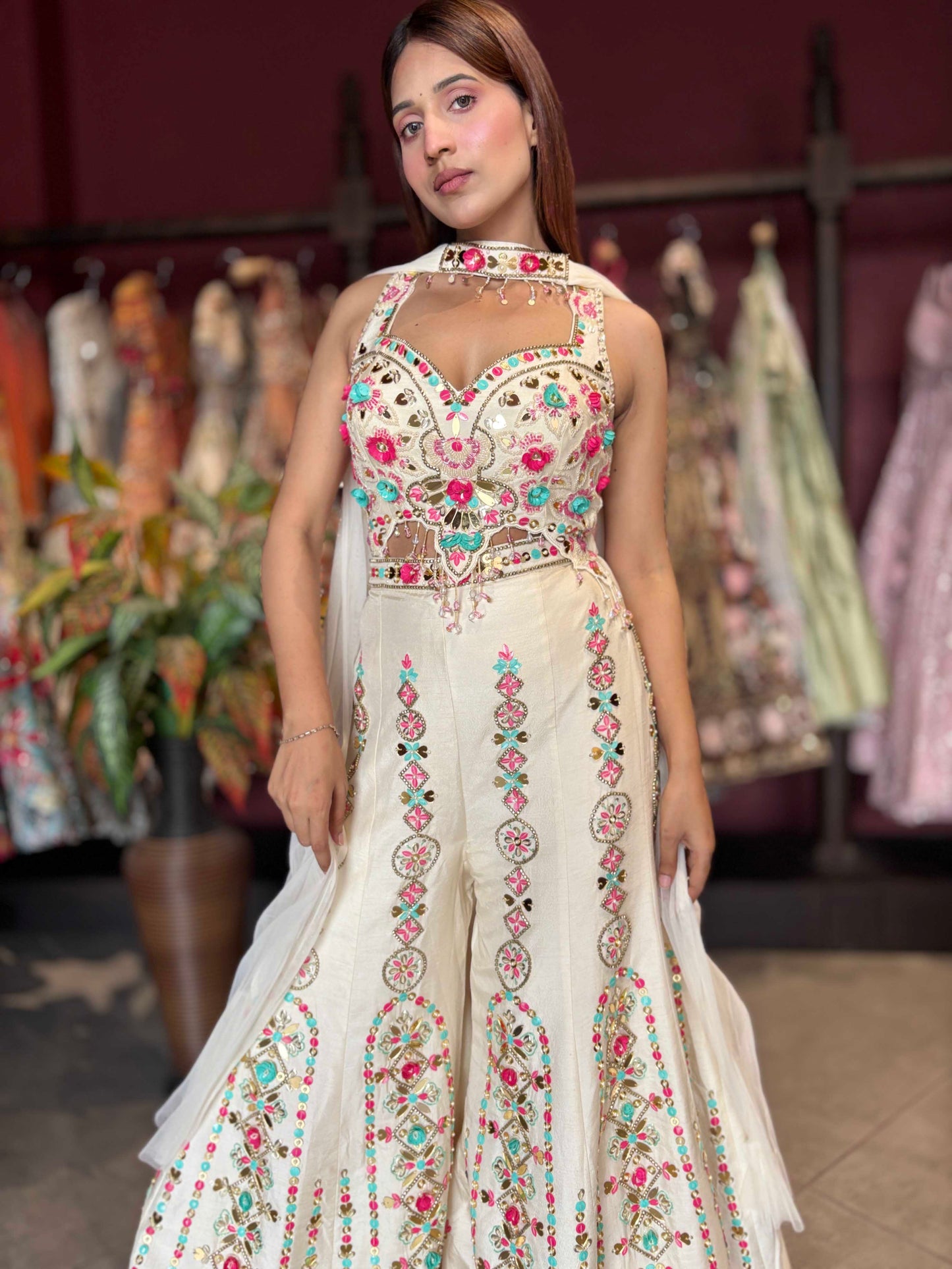 Ivory Multicolor Embroidered Wide-Leg Jumpsuit with Sheer Cape