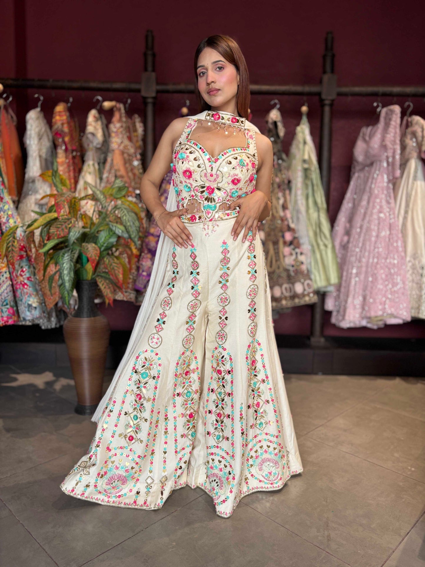 Ivory Multicolor Embroidered Wide-Leg Jumpsuit with Sheer Cape