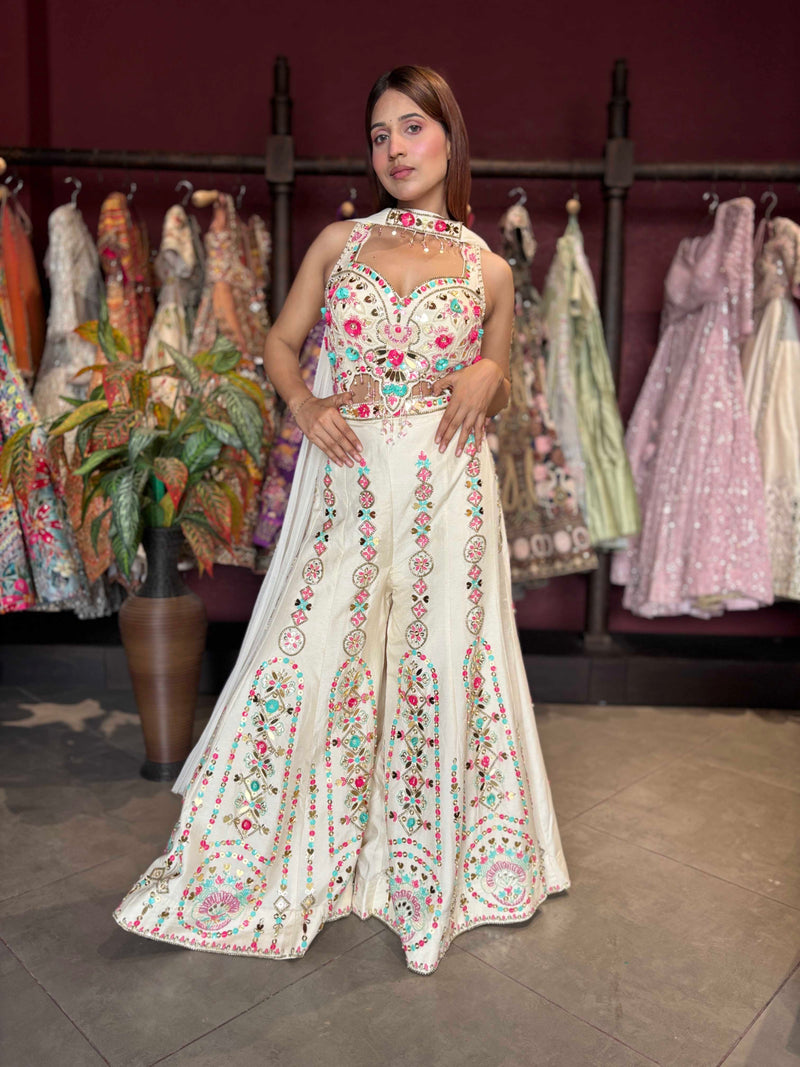 Ivory Multicolor Embroidered Wide-Leg Jumpsuit with Sheer Cape