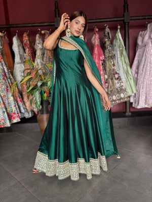 Emerald Green Designer Anarkali Gown with Embroidered Dupatta