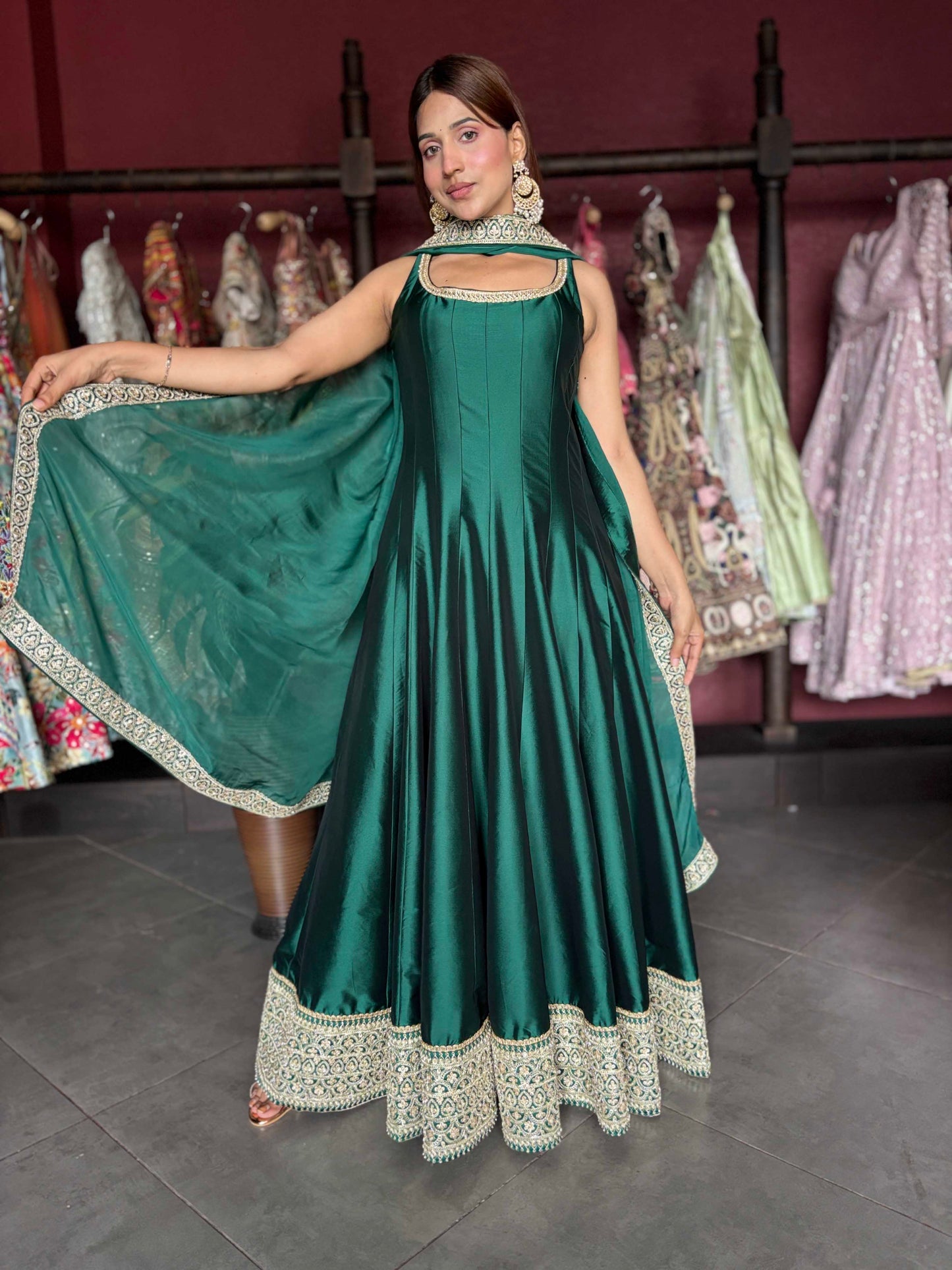 Emerald Green Designer Anarkali Gown with Embroidered Dupatta
