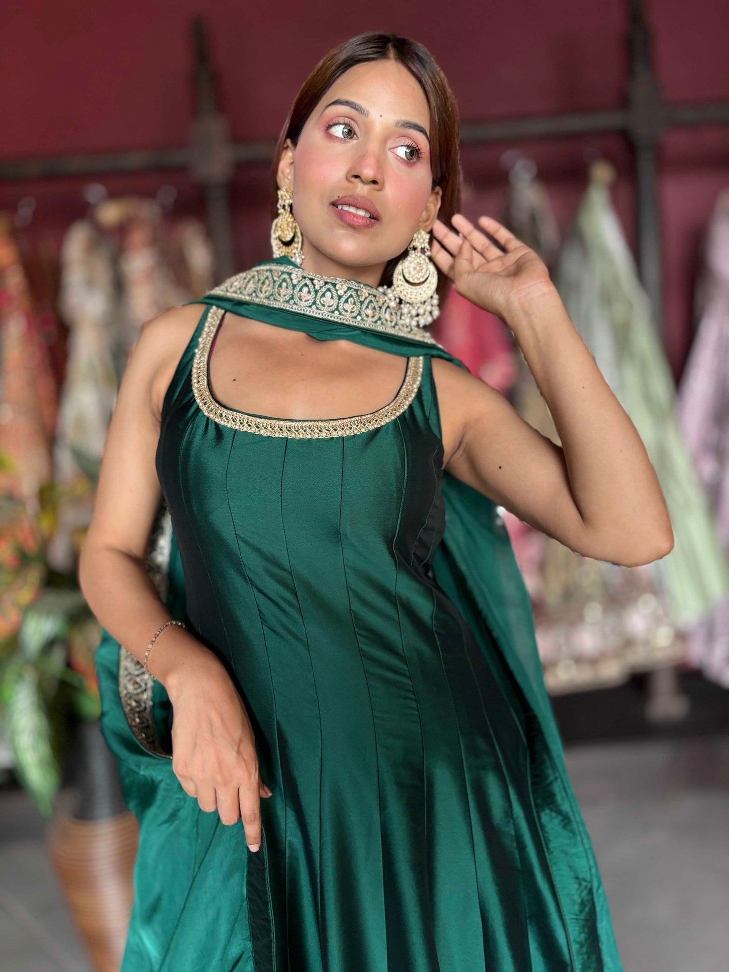 Emerald Green Designer Anarkali Gown with Embroidered Dupatta