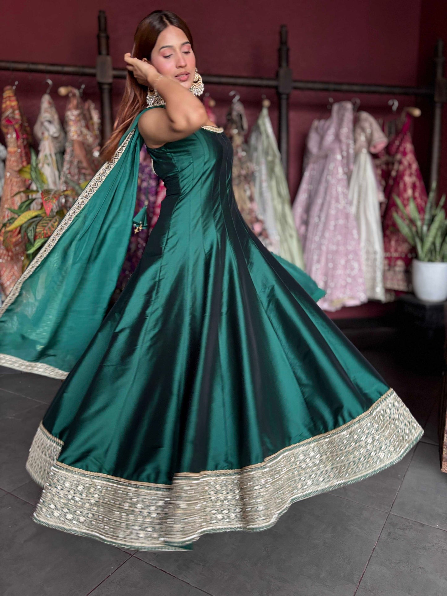 Emerald Green Designer Anarkali Gown with Embroidered Dupatta
