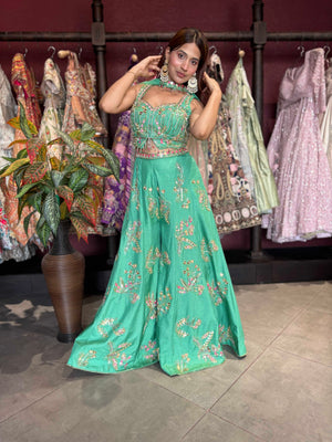 Mint Green Embroidered Sharara Jumpsuit with Sheer Cape Dupatta