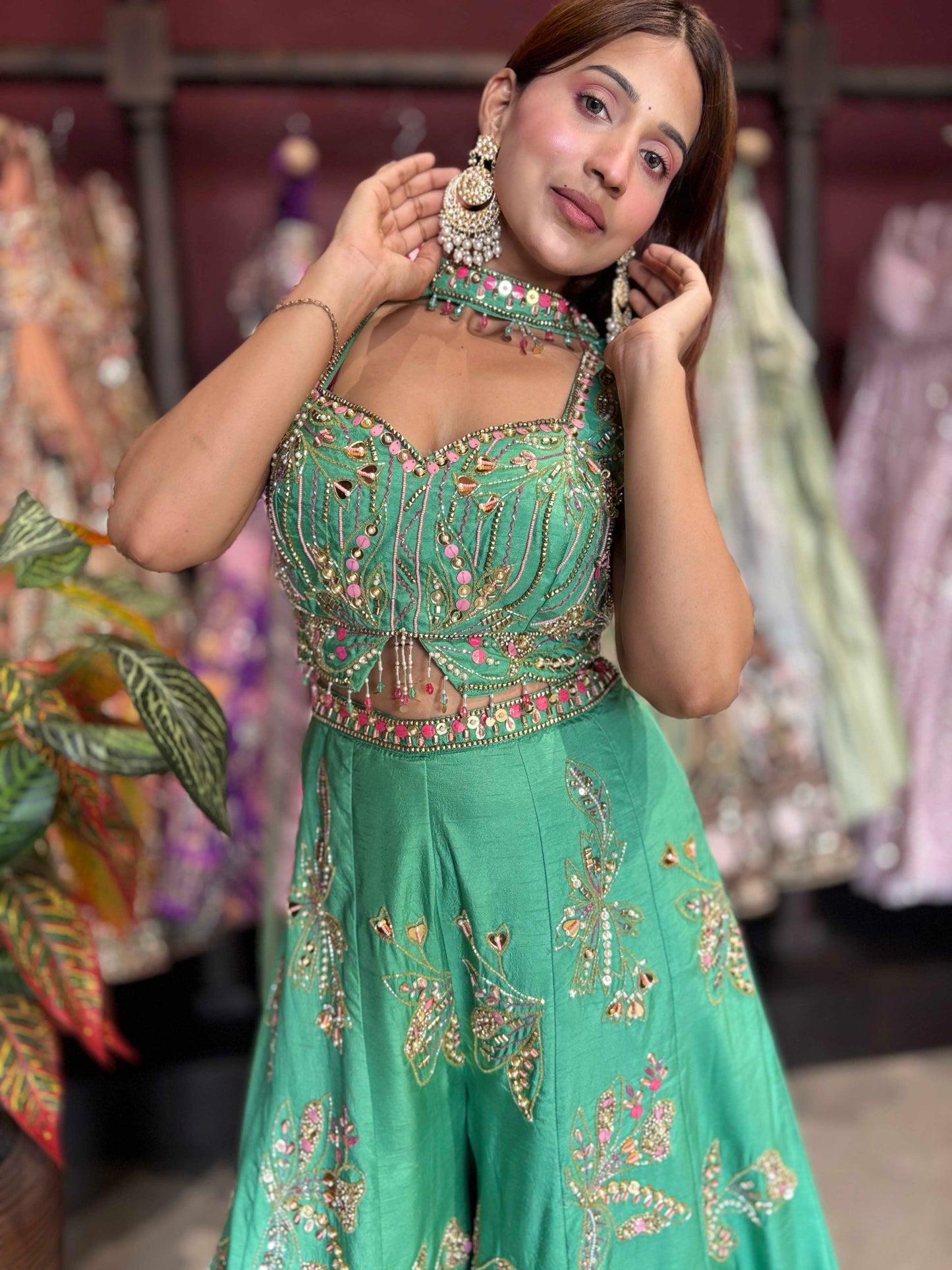 Mint Green Embroidered Sharara Jumpsuit with Sheer Cape Dupatta