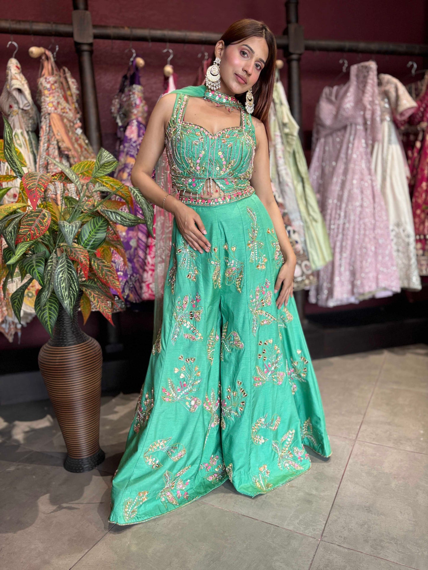 Mint Green Embroidered Sharara Jumpsuit with Sheer Cape Dupatta
