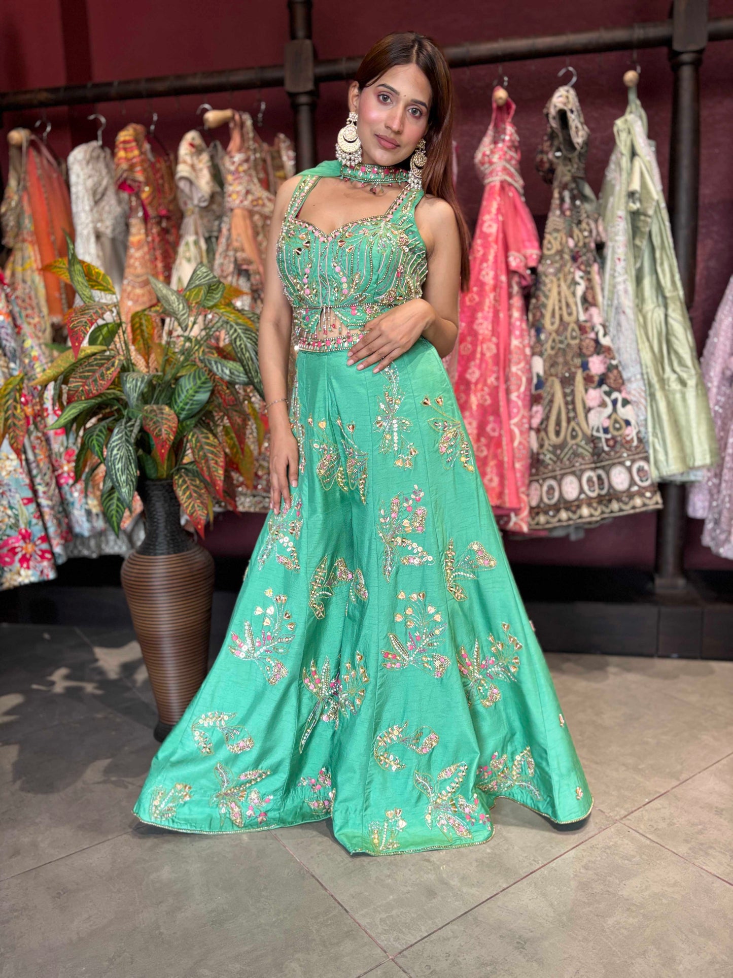 Mint Green Embroidered Sharara Jumpsuit with Sheer Cape Dupatta
