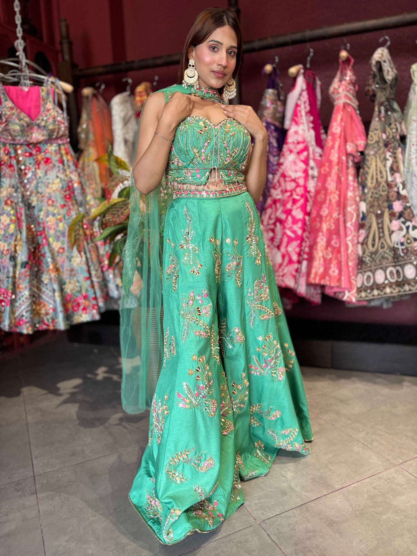Mint Green Embroidered Sharara Jumpsuit with Sheer Cape Dupatta