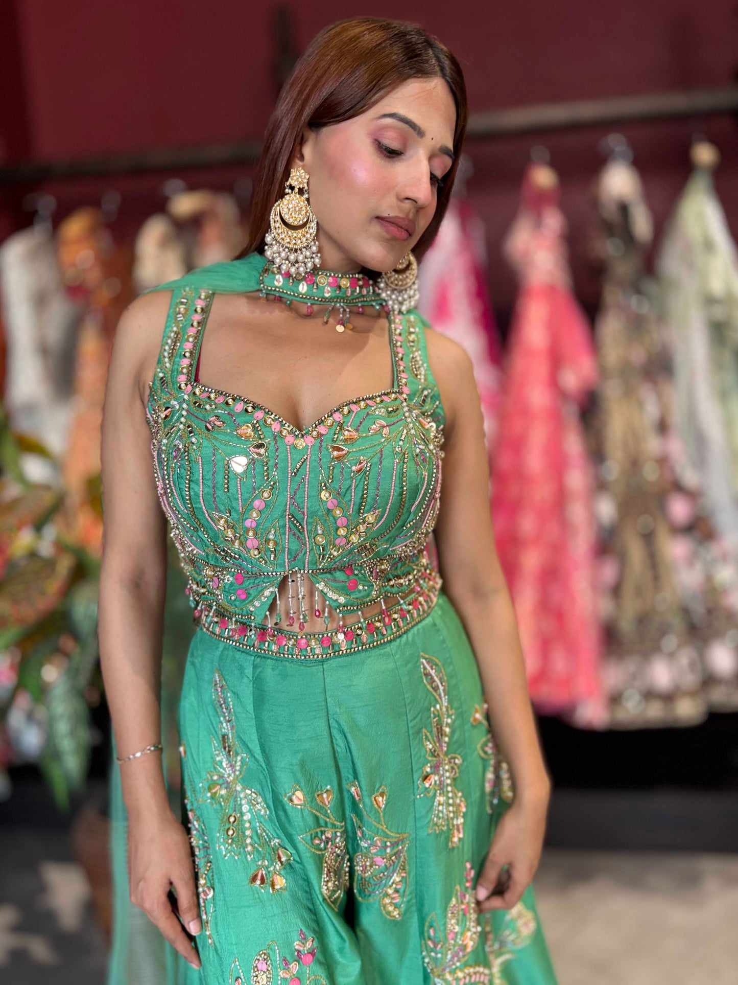 Mint Green Embroidered Sharara Jumpsuit with Sheer Cape Dupatta