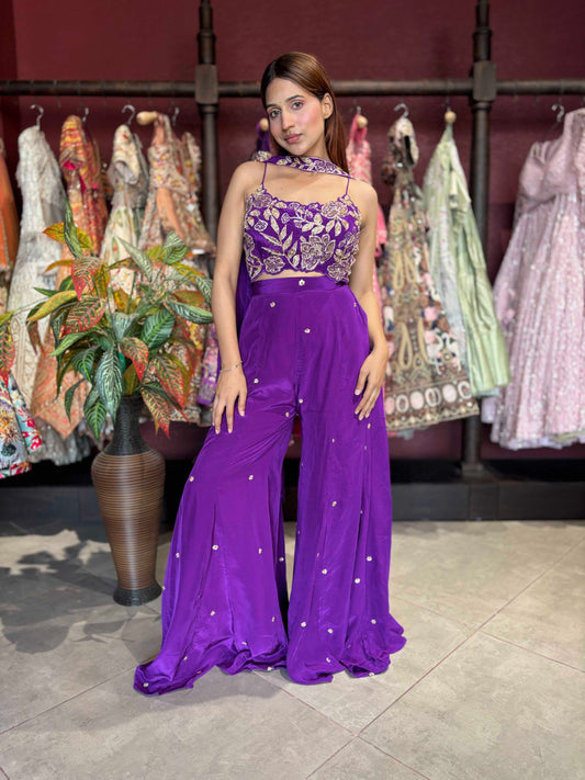 Royal Purple Embroidered Crop Top & Flared Palazzo Set with Dupatta