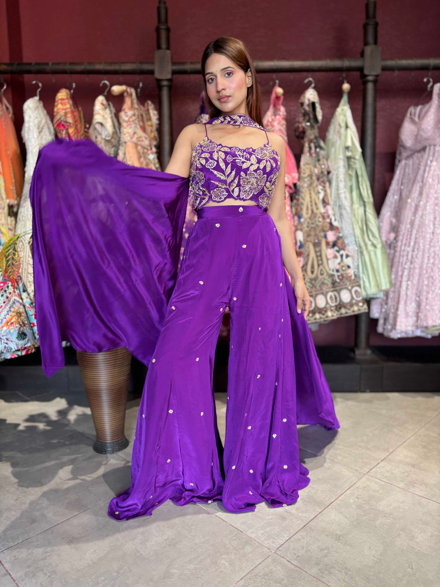Royal Purple Embroidered Crop Top & Flared Palazzo Set with Dupatta