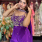 Royal Purple Embroidered Crop Top & Flared Palazzo Set with Dupatta