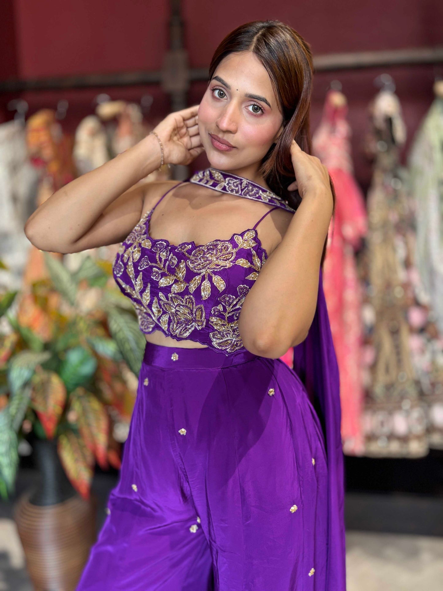 Royal Purple Embroidered Crop Top & Flared Palazzo Set with Dupatta