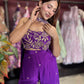 Royal Purple Embroidered Crop Top & Flared Palazzo Set with Dupatta