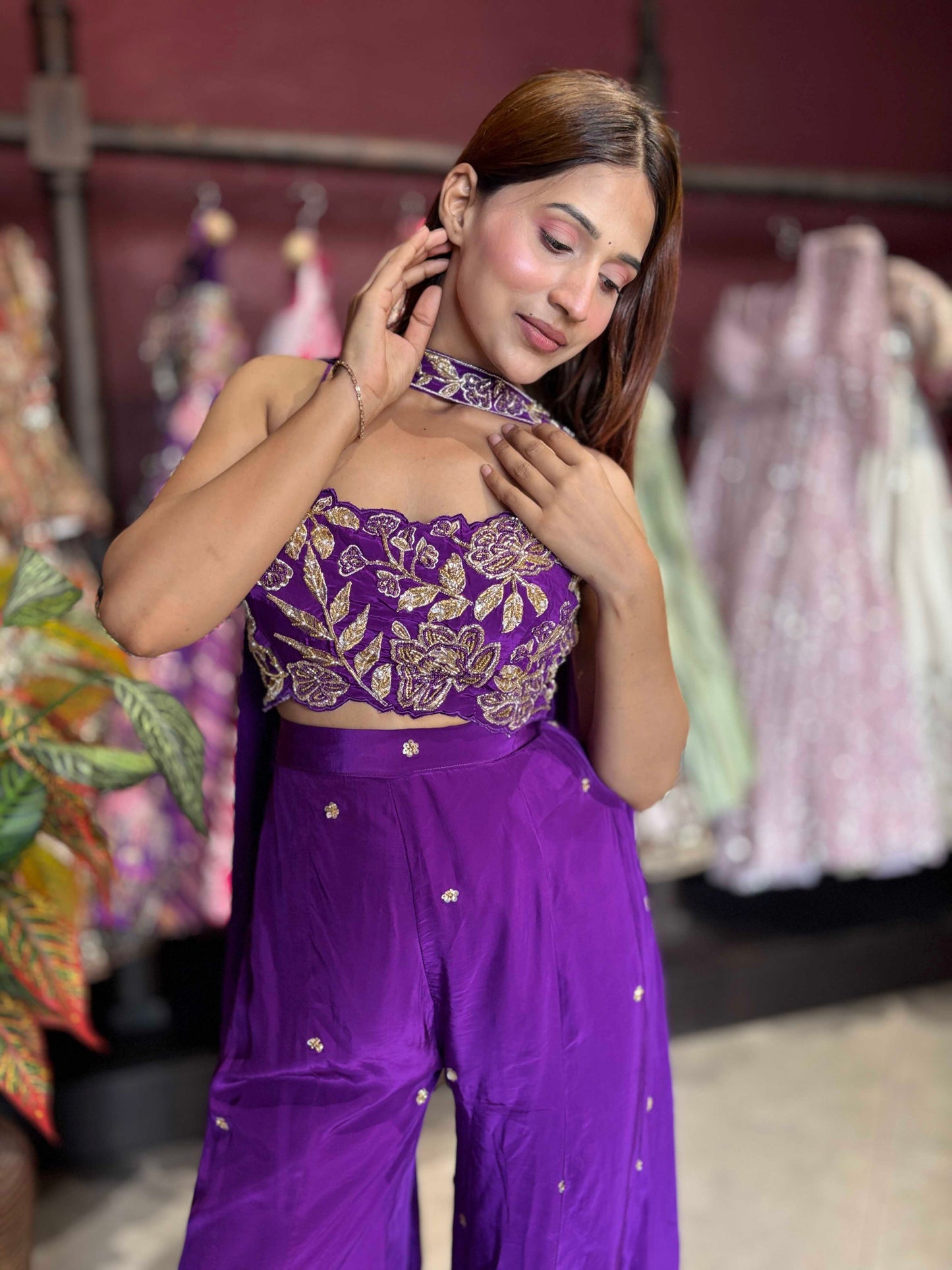 Royal Purple Embroidered Crop Top & Flared Palazzo Set with Dupatta