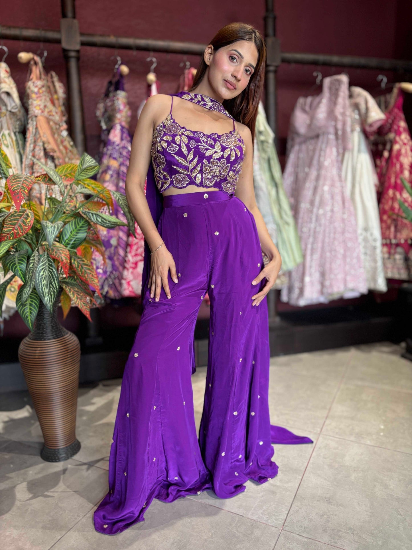 Royal Purple Embroidered Crop Top & Flared Palazzo Set with Dupatta