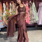 Brown Grand Designer Draped Saree Set with Sequin Halter Blouse