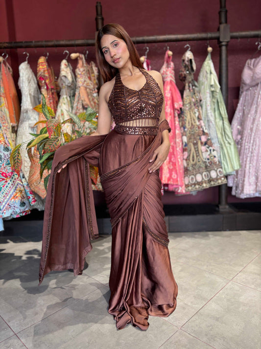 Brown Grand Designer Draped Saree Set with Sequin Halter Blouse