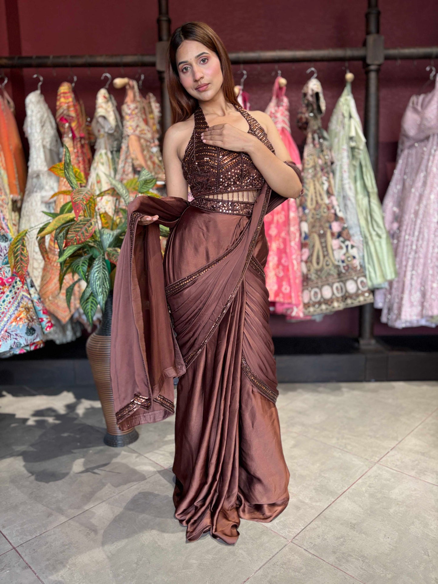 Brown Grand Designer Draped Saree Set with Sequin Halter Blouse