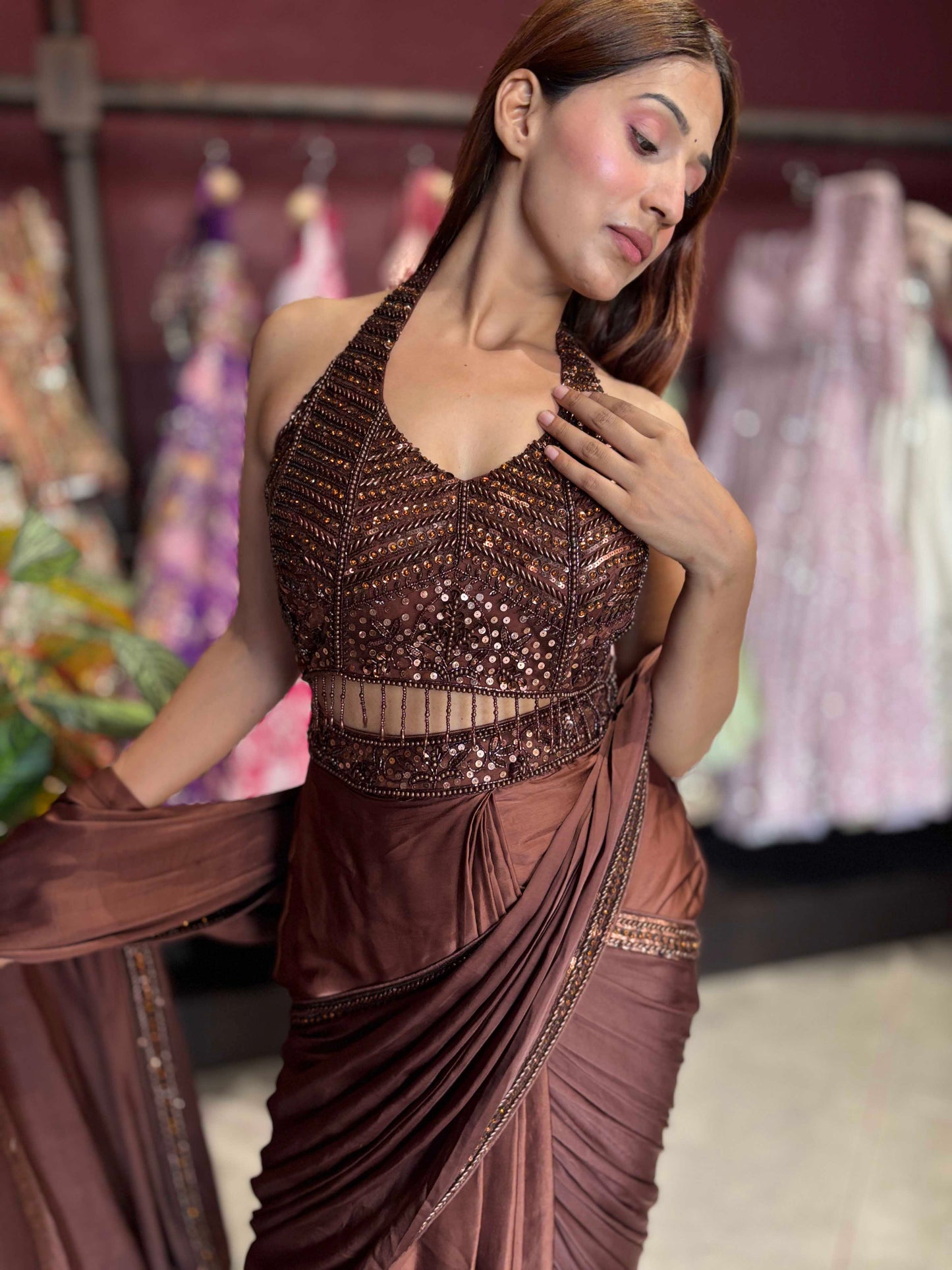 Brown Grand Designer Draped Saree Set with Sequin Halter Blouse
